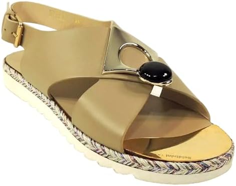 Baldinini Women's Beige Soft Leather Comfort Flat Summer Sandals with Woven Sole, Ankle Strap Baldinini