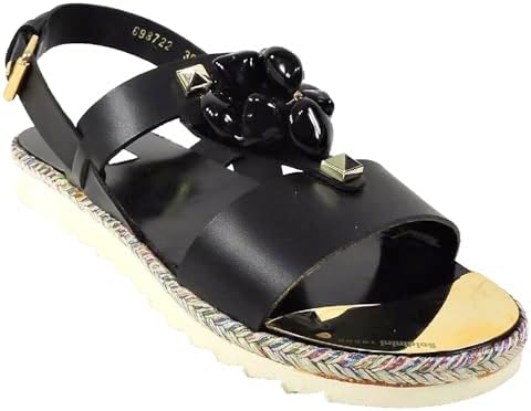 Baldinini Women's Black Leather Flat Sandals with Floral Woven Sole, Embellished Straps Baldinini