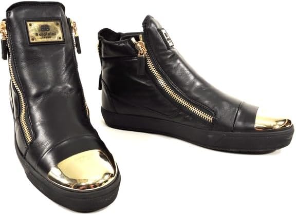 Baldinini Leather High-Top Sneakers, Black with Gold Metal Toe Cap, Two Side Zip Design Baldinini