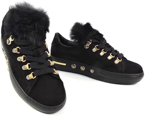 Baldinini Women's Suede Sneakers, Black with Fur Trim, Gold Hardware, Crystal Accents Baldinini