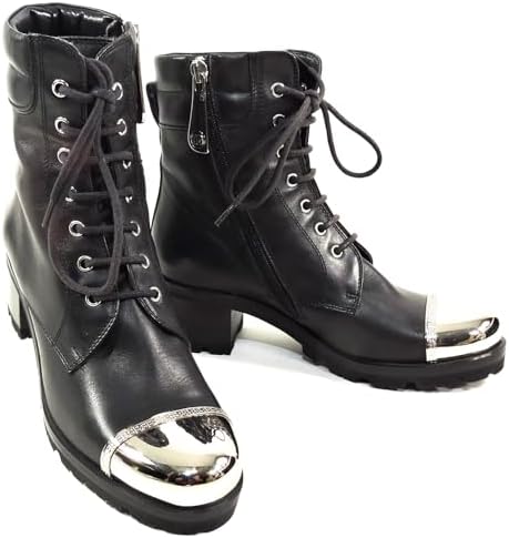 Baldinini Women's Leather Combat Boots, Black with Metal Toe Cap, Ankle Bootie, 36 EU Baldinini