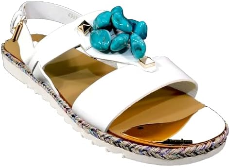 White Soft Leather Comfort Flat Summer Sandals with Turquoise Bead Accents Baldinini