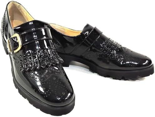 Baldinini Patent Leather Oxford Loafers, Wingtip Design, Gold Buckle, Chunky Lug Sole, Black Baldinini