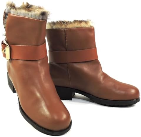 Baldinini Women's Leather Ankle Boots, Fur Lined Winter Chelsea Style, Brown with Gold Buckle Baldinini