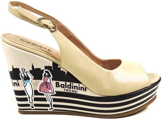 Baldinini Women's Platform Wedge Sandals, Beige Leather, Slingback Peep Toe, Fashion Cityscape Print Baldinini