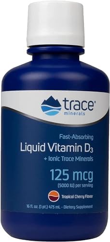 Trace Minerals | Liquid Vitamin D3 | 126 mcg (5000 IU) D3 with Full Spectrum of Ionic Trace Minerals | Fast Absorbing, High Potency | Natural Tropical Cherry Flavor | 32 Servings, 16 fl oz Trace Minerals