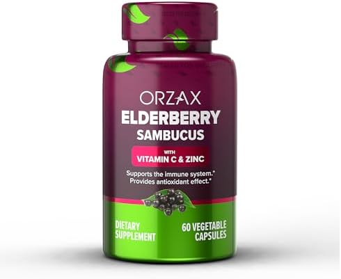 ORZAX Elderberry Capsules - Immune Support Supplement with Elderberry Vitamin C and Zinc - Antioxidants Supplement for Women and Men (60 Vegetable Capsules) Orzax