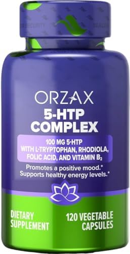 ORZAX 5-HTP 200mg Supplement Capsules with L-Tryptophan, Rhodiola, Vitamin B2, and Folic Acid - Supports Vitality and Inner Peace Supplements 100mg 5HTP Per Serving, 120 Capsules Orzax