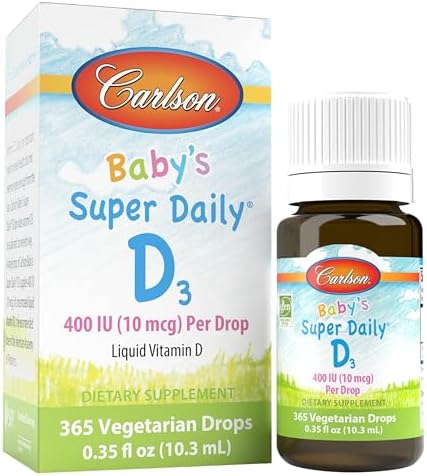 Carlson - Baby's Super Daily D3, Baby Vitamin D Drops, 400 IU (10 mcg) per Drop, 1-Year Supply, Vegetarian, Liquid Vitamin D for Infants and Toddlers, Unflavored, 365 Drops Carlson