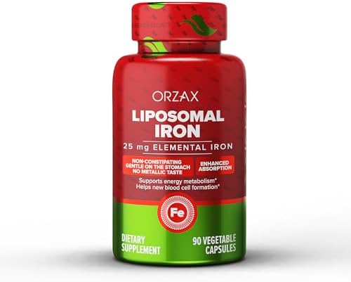 ORZAX Iron Supplement 25 mg -Liposomal Technology- High Bioavailability 90 Vegetable Capsules, Helps New Blood Cell Production, Non-Constipating, Non-GMO & Gluten Free, for Women, Men, Adults Orzax