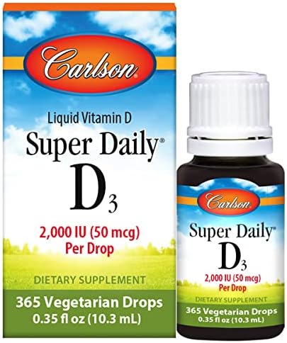 Carlson - Super Daily D3, Vitamin D Drops, 2,000 IU per Drop, 1-Year Supply, Vitamin D3 Liquid, Heart & Immune Health, Vegetarian, Liquid Vitamin D Drops, Unflavored, 365 Drops Carlson