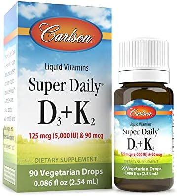 Carlson - Super Daily D3 + K2, 125 mcg (5000 IU) Vitamin D3, 90 mcg Vitamin K2 as MK-7, Bone Support, 90 Liquid Drops (2.54 mL) Carlson