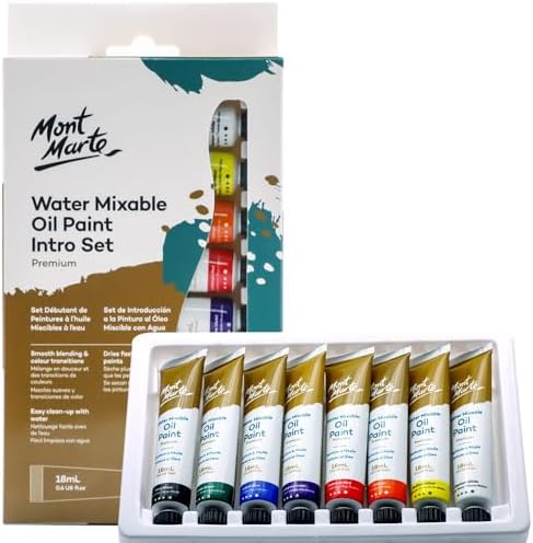 Mont Marte Oil Paint Set Water Mixable 8x18ml, Titanium White,Mid Yellow,Orange,Cadmium Red,Phthalo Green,Cobalt Blue,Ultramarine Violet,Ivory Black Mont Marte