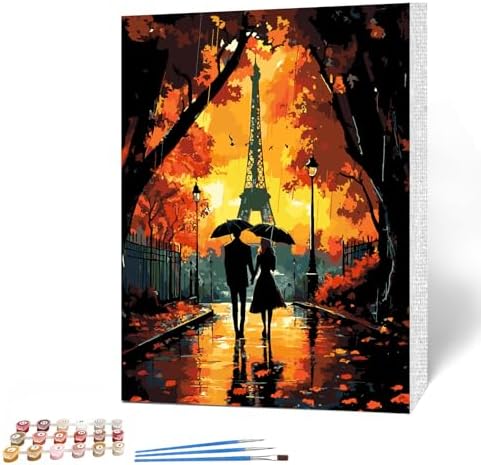 Paint by Numbers Kit for Adults Beginner, Romantic Paris,Couple under Umbrella with Eiffel Tower at Red Sunset, Adults' Paint by Number Kits DIY Oil Painting Kits for Gift Home Wall Decor 16x20 In MAXBYE