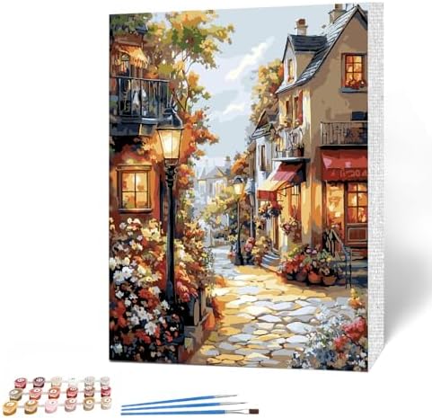 MAXBYE Flowers Town Paint by Numbers Kits for Adults Beginners with Wooden Frame, Easy Canvas Paint by NumbersFlowers Lined Streets, DIY Oil Painting Art Kit for Home Wall Decoration 12X16 inch MAXBYE