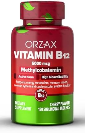 ORZAX Vitamin B12 5000 mcg Methylcobalamin for Memory, Mood, Cardiovascular and Energy Supplement - Cherry Flavored - 120 Sublingual Tablets Orzax