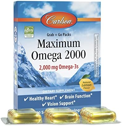 Carlson - Maximum Omega 2000 Grab + Go Packs, 2000 mg Omega-3s, Wild-Caught, Norwegian Fish Oil Supplement, Sustainably Sourced Fish Oil Capsules, Lemon, 30 Softgel Pack Carlson