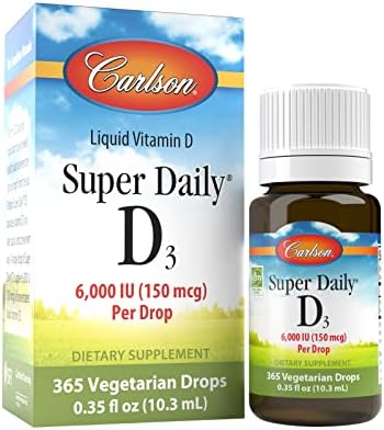 Carlson - Super Daily D3, 6000 IU (150 mcg) per Drop, Liquid Vitamin D3, 1-Year Supply, Non-GMO, Unflavored, 365 Vegetarian Drops (10.3 mL) Carlson