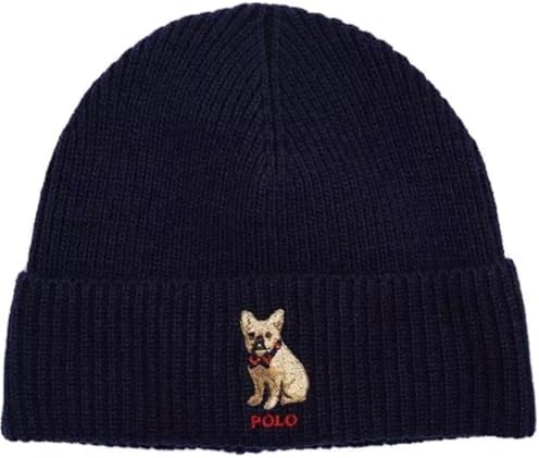 POLO RALPH LAUREN Mens Embroidered Frenchie Beanie Navy Blue Polo Ralph Lauren