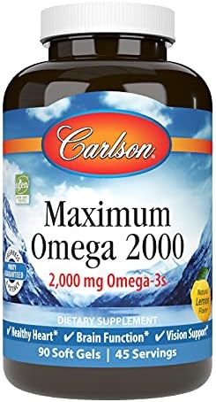 Carlson - Maximum Omega 2000, 2000 mg Omega-3s, Healthy Heart, Brain Function & Vision Support, Lemon, 90 soft gels Carlson