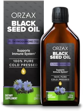 ORZAX Black Seed Oil Liquid (8 fl oz) - Cold Pressed 100% Pure | Vegan, Gluten Free, Non-GMO – Rich in Thymoquinone & Omega 3 6 9 | Nigella Sativa Black Cumin Essential Oil in Glass Bottle Orzax