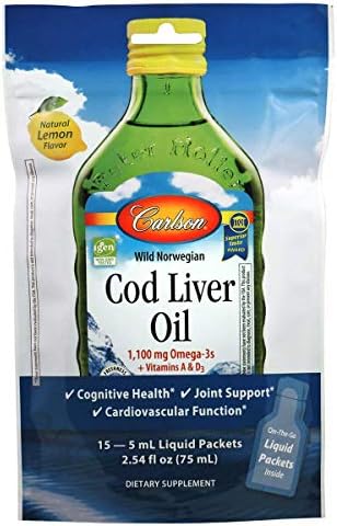 Carlson - Cod Liver Oil Grab + Go Packets, Travel Packs, Single-Serving, 1100 mg Omega-3s, Plus Vitamins A and D3, Norwegian, Wild Caught, Pouch of 15 Packets, 5 mL Each Carlson