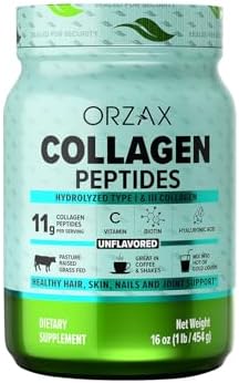 ORZAX Collagen Peptides Powder - 11 g Collagen Type I & III, Biotin & Hyaluronic Acid, 16 oz (Unflavored) Orzax