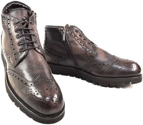 Baldinini Men's Wingtip Ankle Boots, Brown Pebbled Leather, Fur Lined, Lug Sole Baldinini