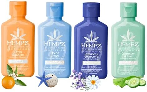 Hempz Body Lotion - Beauty Boss Mini Lotion Set of 4 Travel Size Daily Moisturizing Cream Lotions with Shea Butter and Aloe Moisturizer - Skin Care Products, Hemp Seed Oil - Includes Bag Hempz