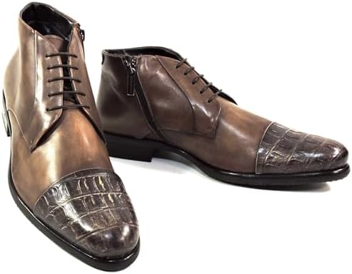 Baldinini Men's Brown Leather Ankle Boots, Croc-Embossed Cap Toe, Lace-Up with Side Zip Baldinini