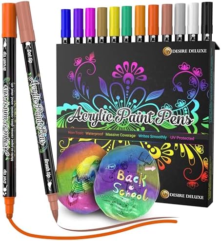 Desire Deluxe Acrylic Paint Pens for Rock Painting, Stone, Ceramic, Glass, Wood, Canvas – Set of 12 Non Toxic Water Based Markers - Great Artists Painting Supplies Desire Deluxe