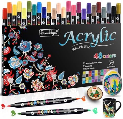 48 Colors Acrylic Paint Markers Pens Set, 24 Pack Acrylic Paint Pens with Dual-Color Brush Tips, Creative Coloring Markers for Rocks, Wood, Canvas, Stone, Fabric, Plastic DIY Art Supplies Scarklym