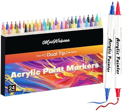 24 Color Acrylic Paint Pens – Dual Tip, Vibrant, Quick-Drying, Long-Lasting for Rock Painting, Wood, Glass, Ceramic, and Fabric – Non-Toxic, Waterproof Paint Markers, Ideal for DIY and Craft Projects MoiNubone