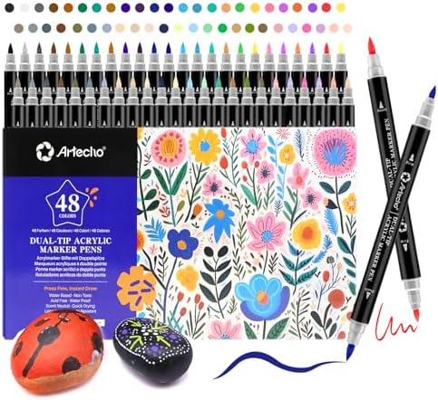 Artecho Acrylic Paint Pens 48 Colors, Acrylic Paint Markers Dual Tip with Brush Tip and Fine Tip for Rock Painting, Glass, Paper, Wood, Egg, Canvas, Ceramic, Fabric, leather, DIY Crafts Artecho