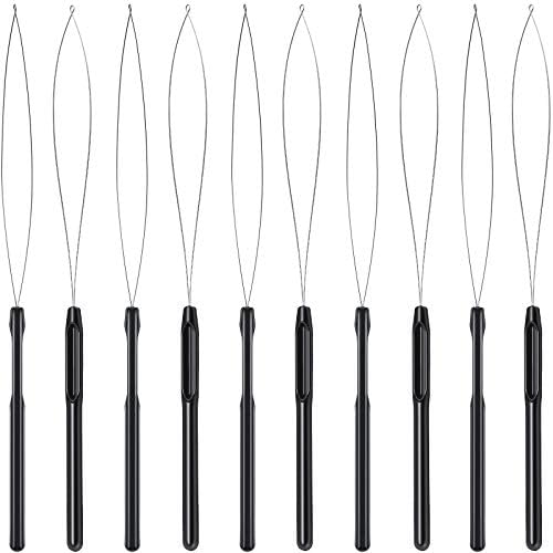 10 Pieces Hair Extension Loop Needle Threader Pulling Hook Tool and Bead Device Tool Black Loop Threader for Hair or Feather Extensions (Black) Zonon