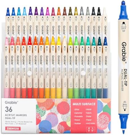 Grabie 36 Colors Dot Paint Acrylic Paint Pens, Acrylic Paint Markers Dual Tip (Fine 1mm + Dot 5mm), Acrylic Markers for Fabric, Canvas, Rock, Glass, Wood, Paper, DIY, Dot Markers for Adults Grabie