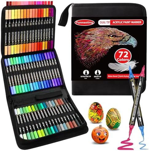 Funnasting Acrylic Paint Markers, 72 Colors Dual Tip Acrylic Paint Pens, Glass Marker Pens with Brush Tip and Fine Tip, Paint Pens for Rocks, Wood, Canvas, Stone, Ceramic Surfaces, DIY Crafts Making Funnasting