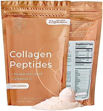 Collagen Peptides Powder with Hyaluronic Acid and Vitamin C, Hydrolyzed Collagen Powder, Skin, Hair, and Nails Support, Grass-Fed Collagen for Women and Men, Naturally Sourced, Unflavored 16oz DAYGEN