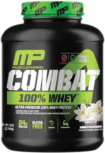 MusclePharm Combat 100% Whey Protein Powder, Banana Milk Flavor, Fast Recovery & Muscle Gain with Whey Protein Isolate, High Protein Powder for Women & Men, Gluten Free, 5 lb, 70 Servings Muscle Pharm