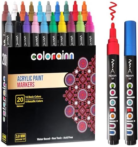 Acrylic Paint Pens - Medium Tip Markers - 20 Premium Colors (Including 4 Metallic) - Ideal for Rock, Stone, Peg Dolls, Glass, Ceramic, Metal, Canvas, Wood & More.. COLORAINN