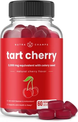 NutraChamps Tart Cherry Gummies - 3000mg Tart Cherry Extract with Celery Seed - Uric Acid Cleanse Supplement - Antioxidant, Joint Comfort, Flexibility, Immune Health, Sleep - 60 Vegan Gummies NutraChamps