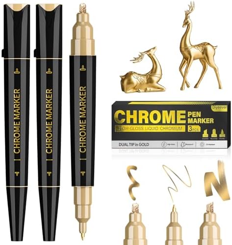 3 Pack Dual Tip Liquid Gold Chrome Markers, Permanent Shiny Gold Marker Pen for Most Surfaces, Golden Metallic High-gloss for Model Repairing, Painting, Marking or DIY Art Project Diyeever