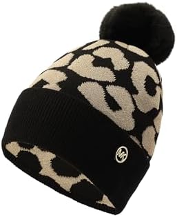 Michael Kors Leopard Cuff Hat, Stylish Beanie & Fashion Accessory Cap for Women, Black Gold Metallic Michael Kors