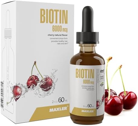 Maxler Liquid Biotin Drops - Vegan Biotin Vitamins for Hair Skin and Nails - Biotin Supplement for Metabolism of Carbohydrates, Proteins & Fats - 6000mcg of Biotin Liquid Per Serving - Cherry Flavor Maxler