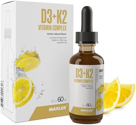 Maxler Vitamin D3 K2 Drops with MCT Oil - Heart, Bone & Immune Support - No GMO, Colors, Sweetener, Alcohol - Vitamin D3 5000 IU & Vitamin K2 500 mcg per 1 Serving - 120 Servings Lemon Flavor Maxler