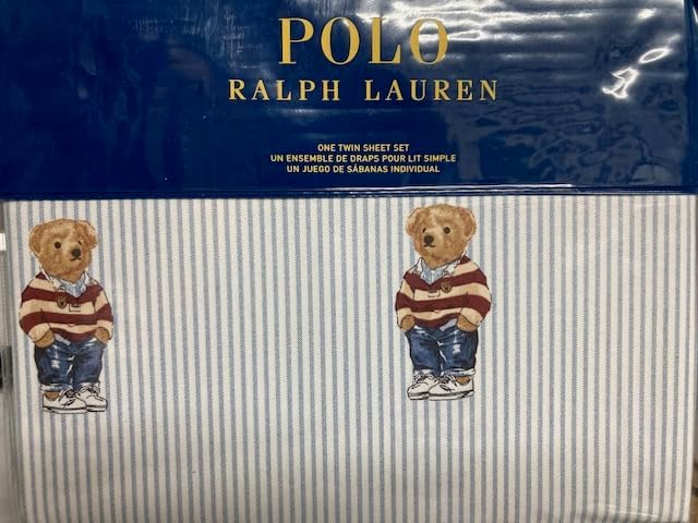 POLO RALPH LAUREN New Blue Stripe Rugby Boy Bear Bed Sheet Set (Twin) Polo Ralph Lauren