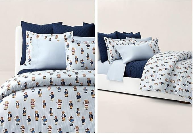 POLO RALPH LAUREN Teddy Bear Boys Blue Stripe King Comforter Set with 2 King Shams Polo Ralph Lauren