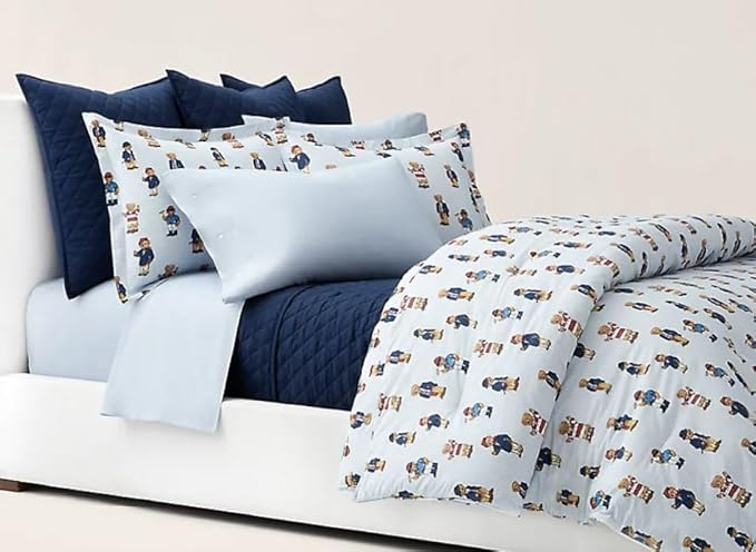 POLO RALPH LAUREN Blue Stripe Teddy Bear Boy 2 pc Twin Duvet Cover Set Blue White Polo Ralph Lauren