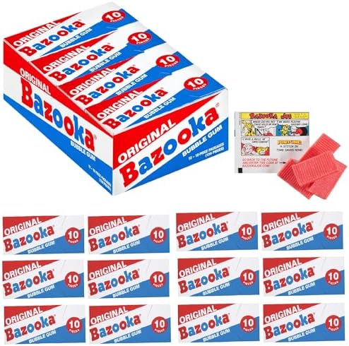 Bazooka Bubble Gum Individually Wrapped Pink Chewing Gum in Original Flavor - 10 Piece Mini-Wallet Packs (Pack of 12) - Fun Holiday Stocking Stuffers - Festive Christmas Candy Gift For Kids Bazooka