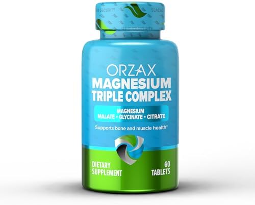 ORZAX Magnesium Glycinate, Citrate, Malate - 200 mg of Triple Complex Magnesium for Muscles & Energy for Women and Men - Gluten & Dairy Free, Halal (60 Tablets) Orzax